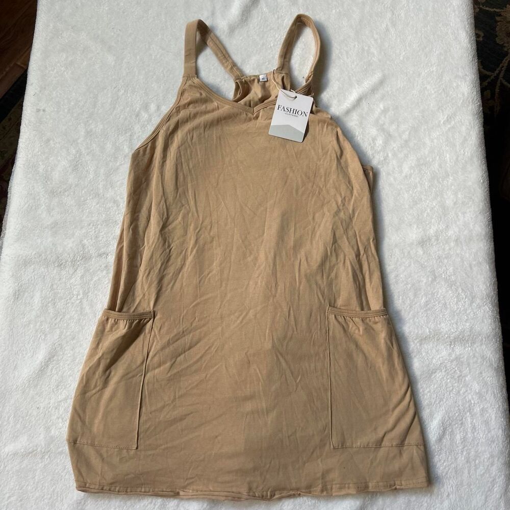 Tan mini romper dress with pockets women's medium nwt